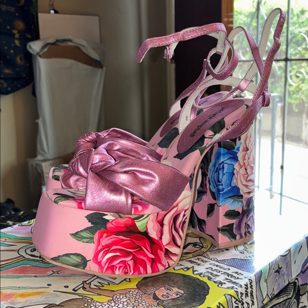 Jeffrey floral bow rose pink bow peep toe platform sz 6
